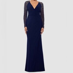 Betsy & Adam Women's Blue Rhinestone Ruched Twist-Front Gown Dress